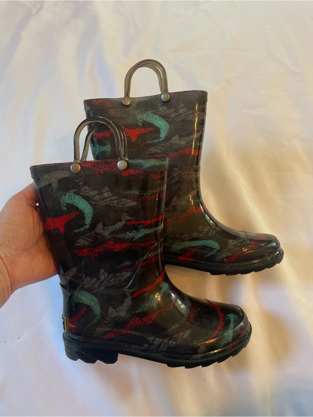 Western Chief Kids Black Lighted Rain Boots w/Teal & Red Brushstroke Print Sz 12